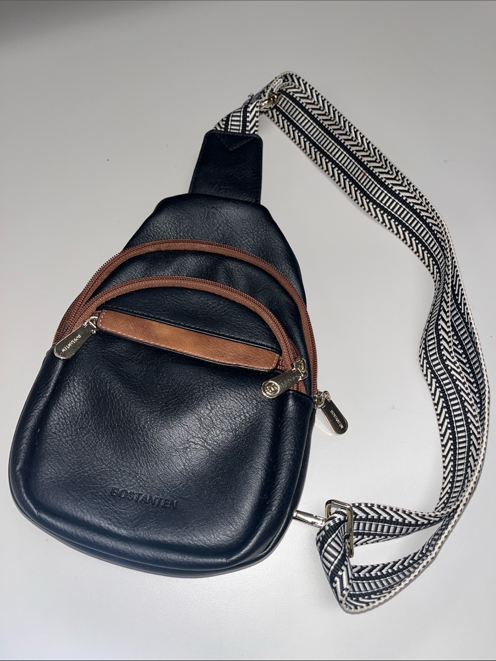 Bostanten Black & Brown Leather Crossbody Sling Bag